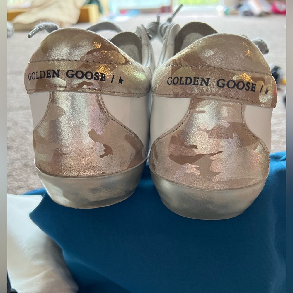 Golden Goose Super-Star White Gold Camo Blue Glitter Sneakers Size 8 38 Worn 5x - Picture 5 of 7